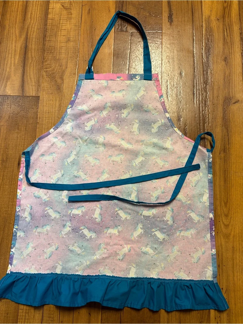 Apron Pink & Teal Unicorn Kids Kitchen Apron with Pocket Fits 5-10 Years EUC